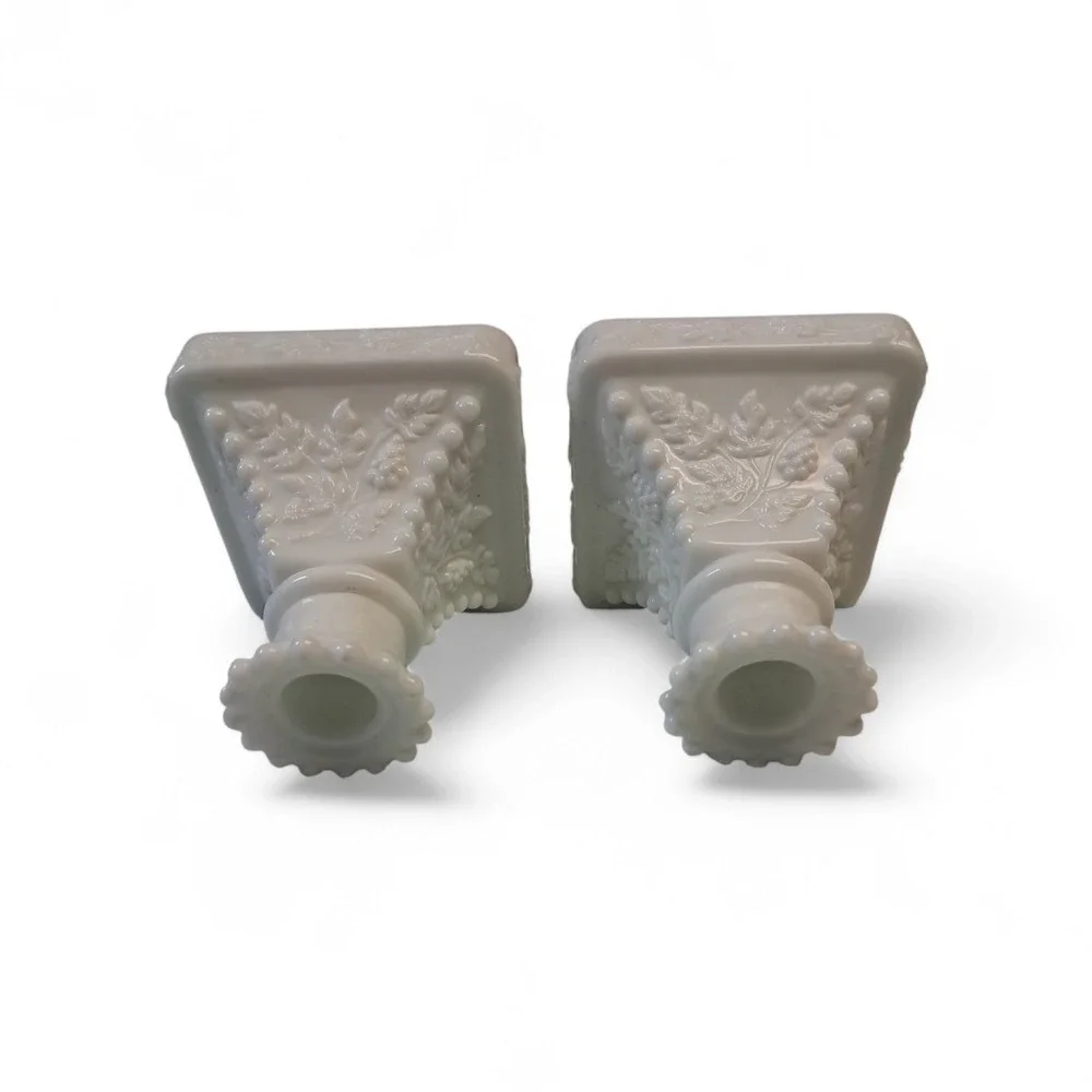 Milk Glass Candle Holders Grapevine Hobnail Square